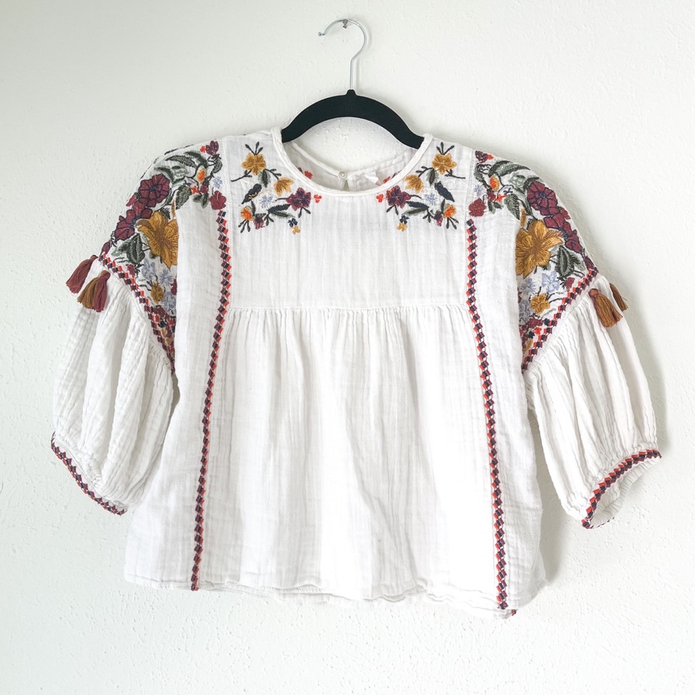 Zara Embroidered Flowy Top With Tassels